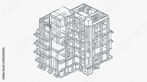 Bild auf Leinwand Creative Isometric Wireframe Sketch of Modern Multi Story Building Interior with