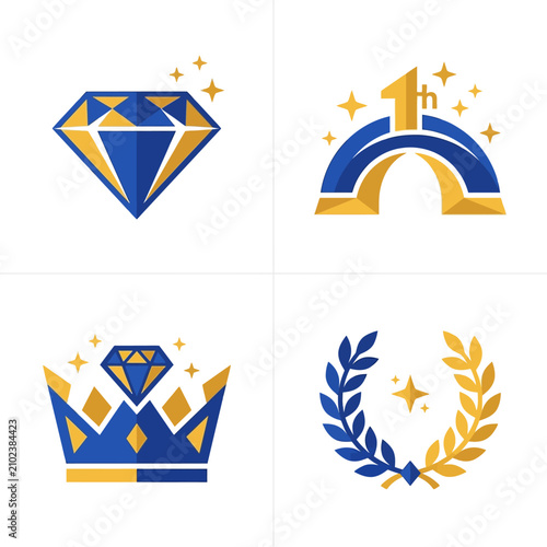 Set of luxury golden and blue icons including diamond, crown, first place trophy, and laurel wreath.