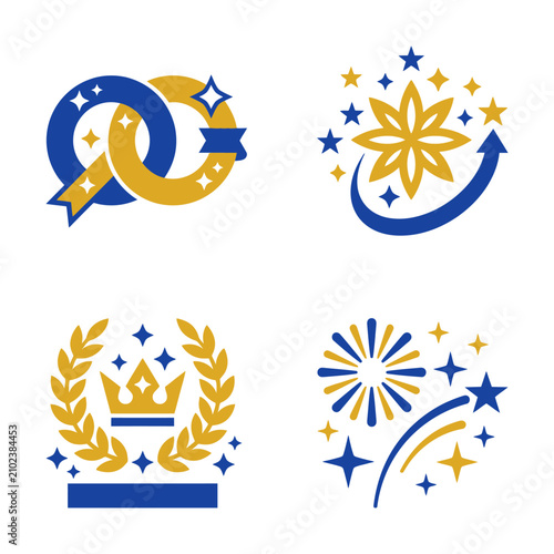 Set of four golden and blue celebratory icons with stars and laurels.