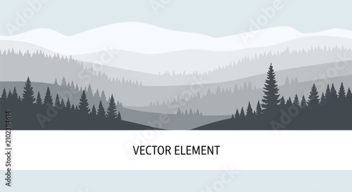 Minimalist grayscale mountain range with pine forest silhouette layers