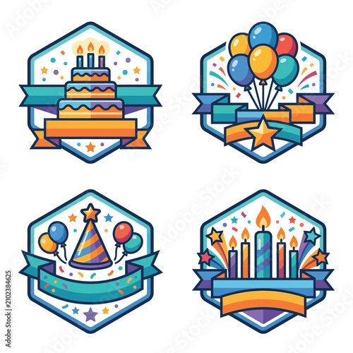 Colorful birthday celebration icons with cake, balloons, party hat, and candles.