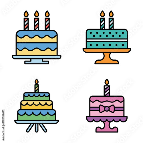 Colorful birthday cakes with candles in different styles and decorations.