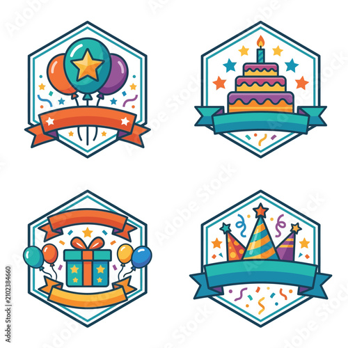 Colorful celebration badges with party elements and festive decorations.