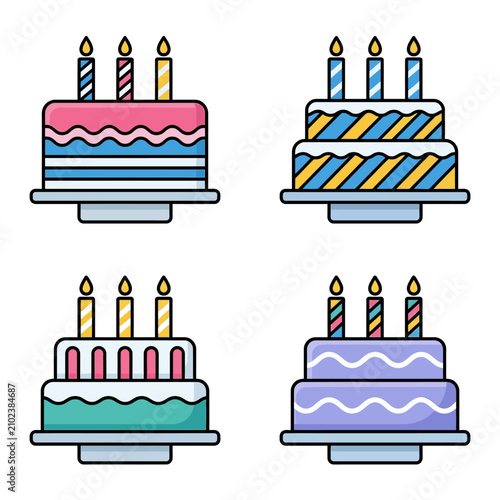 Colorful birthday cakes with candles in various decorative styles.