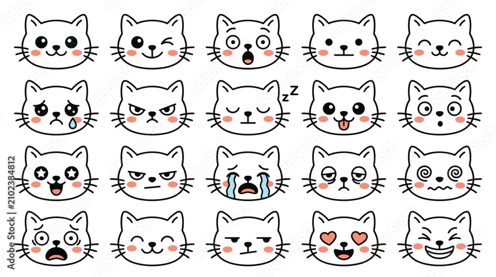 Fototapeta premium Cat expressions themed element pack in cute doodle style, happy faces, sad emotions, angry moods, funny reactions, and animals