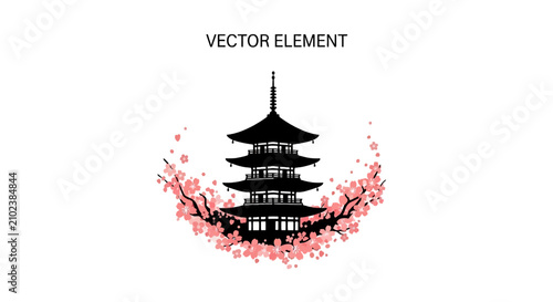 Japanese pagoda silhouette surrounded by pink cherry blossoms