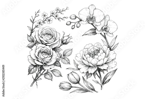 Floral arrangement sketch detailed botanical illustration in black and white