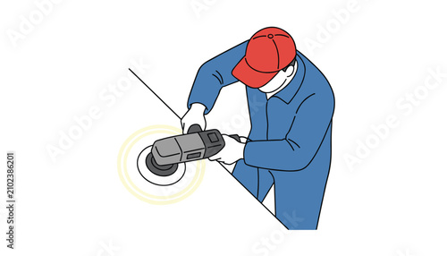 Construction worker in blue overalls and a red cap using an electric angle grinder to polish a metal edge.