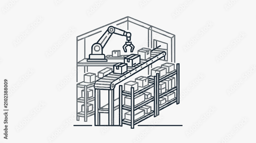 Fototapeta premium Creative Black and White Line Drawing of Automated Industrial Warehouse with Robotic Arm and Conveyor System