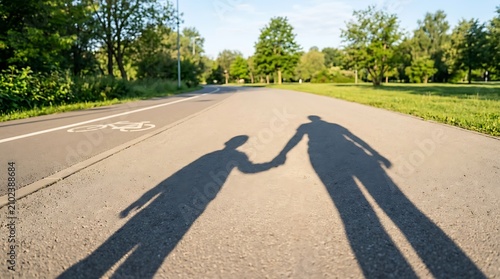 Shadow of parent and child holding hands walking on park road with bicycle lane