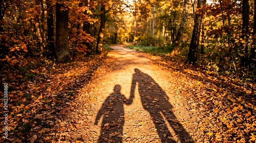 Shadow of mother and child holding hands walking in autumn forest park
