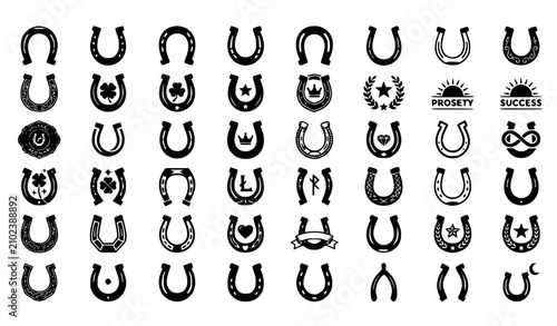 Horseshoe Silhouette Icon Set with 36 Lucky Charm and Fortune Vector Symbols EPS 10