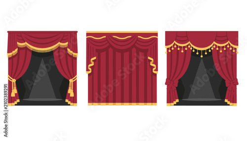 Three different red theater curtains on stage with gold tassels and trim showing open and closed options.