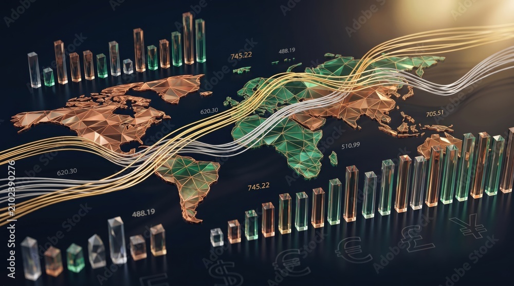 Obraz premium Abstract 3D world map with financial bar charts and currency symbols, global economy growth, stock market trends, international trade flow, investment data visualization, busine...