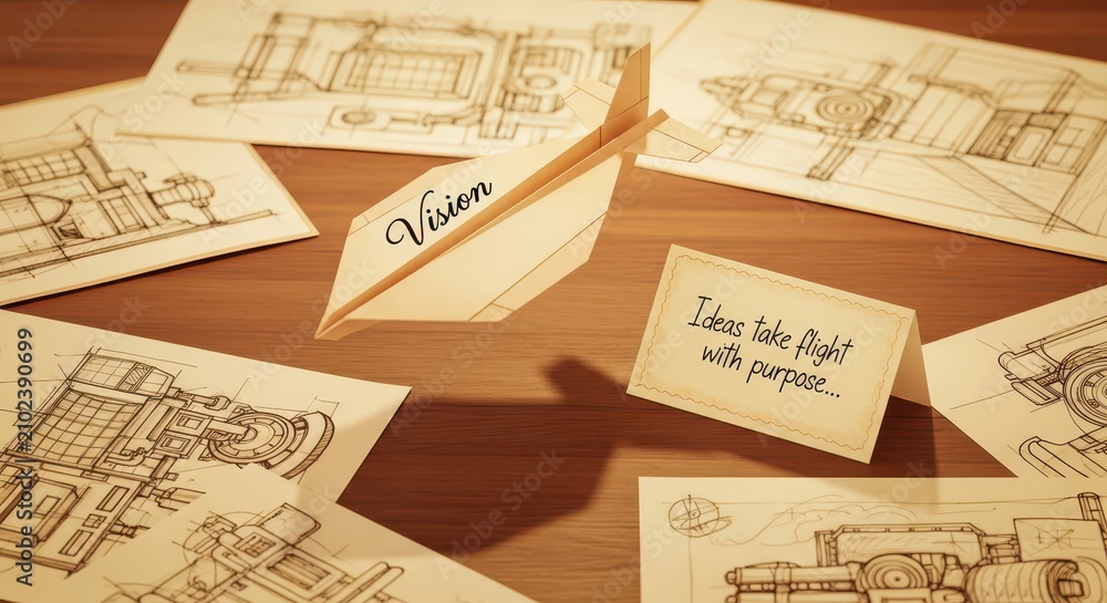 Obraz premium Paper airplane with 'Vision' written on it, surrounded by architectural blueprints and a card with inspirational quote, symbolizing creativity and pla