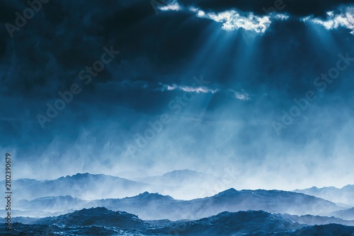 Rays of Light Filtering Through Clouds Over Layered Misty Landscape