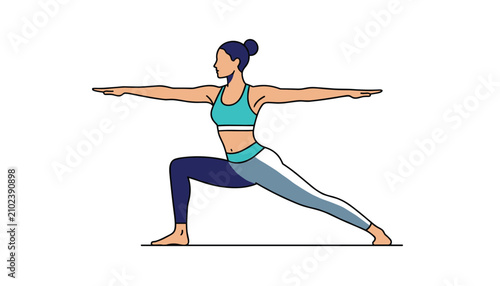 Athletic young woman in activewear demonstrating the Warrior II yoga pose with perfect balance on a white background.