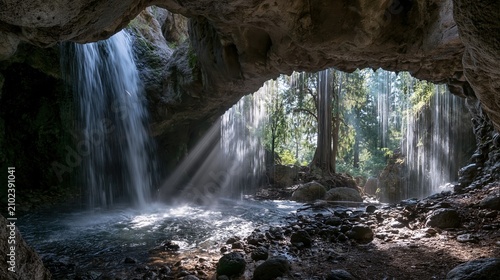 Majestic Waterfall Cascading Through Natural Cave Enclosure