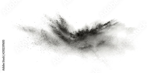 Photography Explosive charcoal dust cloud dispersion, dynamic ephemeral particle cloud formation against pure white background