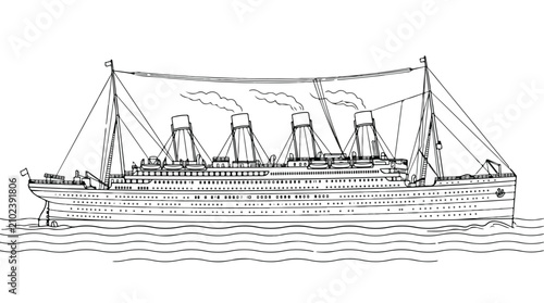 Photos Vintage ocean liner vector illustration, antique steamship line art drawing, his