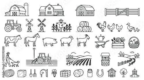 Foto Farm life line icons set, rustic agriculture and livestock vector elements, coun