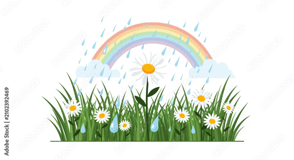 Obraz premium Rainbow appearing over daisy field during gentle summer rain
