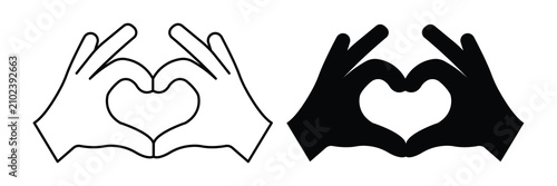 A graphic illustration of hands creating a heart gesture. Includes two variations: a clean black line art version and a filled black silhouette.