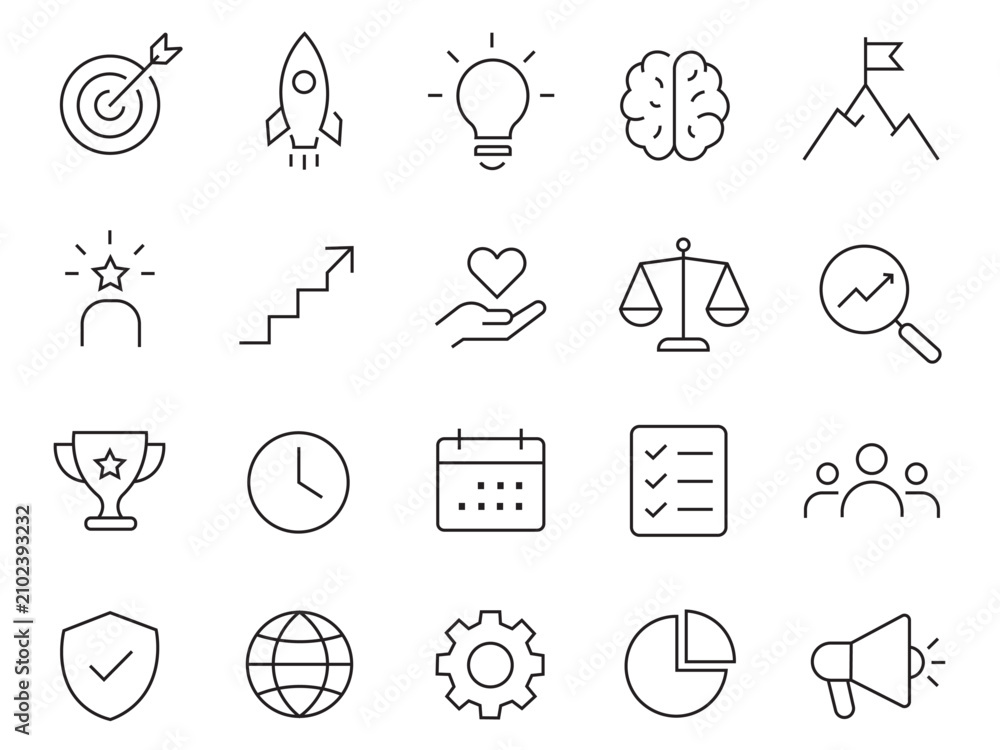 Fototapeta premium Minimal Business and Productivity Outline Icons Set – Modern Thin Line UI Symbols for Web, Mobile, Dashboard, Analytics, Startup and Interface Design