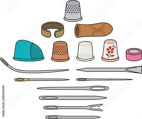 Canvas Print Sewing Thimbles and Heavy Duty Needles Icon Set Featuring Metal, Leather, and Pl