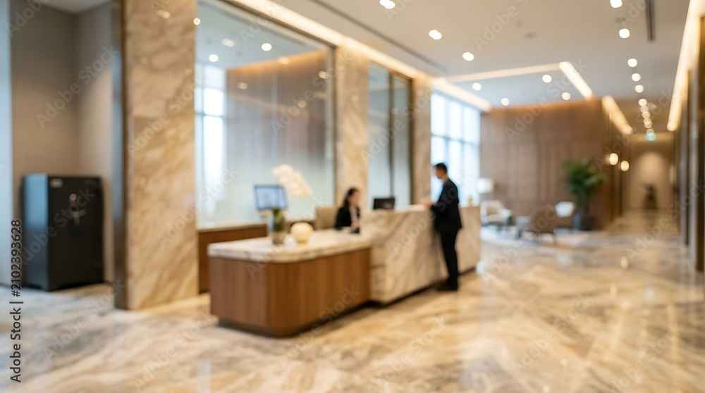 Fototapeta premium A modern office reception area with a male visitor interacting with a female receptionist at a marble desk.