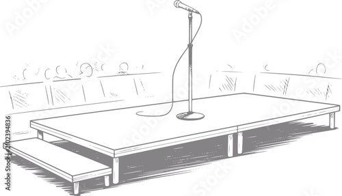 Canvastavla Dibujo a mano de un micrófono en un escenario con público al fondo, que represen