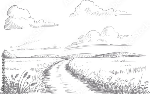 Bild auf Leinwand Dibujo a mano de un pacífico paisaje de campo con un sendero de tierra sinuoso a