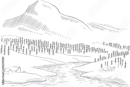 Slika na platnu Dibujo a mano de un sereno paisaje de montaña con un río, bosque de pinos y pequ