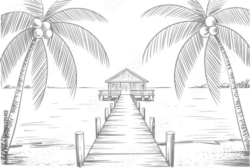 Foto Dibujo a mano de un muelle de madera que conduce a una casa de playa tropical en