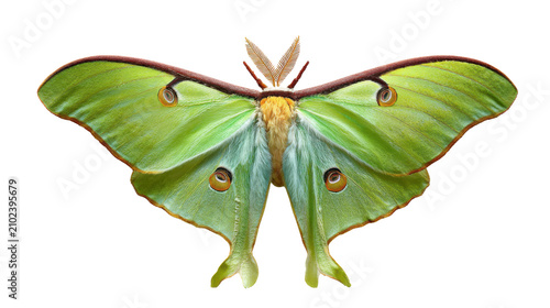 Beautiful green luna moth butterfly with eye spots isolated on the transparent background