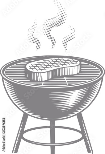 Fotografía Grabado estilo vintage de un jugoso bistec cocinándose en una parrilla de barbac