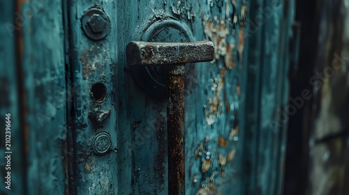Close-up of rusted crowbar prying open weathered blue metal door with peeling paint and corroded hardware capturing tension of forced entry in gritty industrial setting, elegantly showcasing rusty.