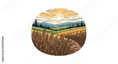 Foto Golden wheat field at sunset with stone path and distant hills