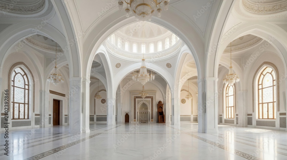 Obraz premium Beautiful Mosque Interior with White Marble Pillars Islamic Arch and Crystal Chandeliers