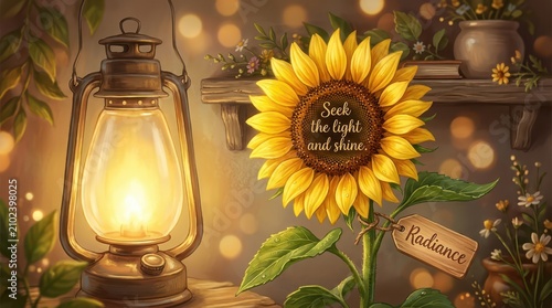 Vintage Lantern illuminating a bright Sunflower with inspirational quote 'Seek the light and shine' and a tag labeled 'Radiance'