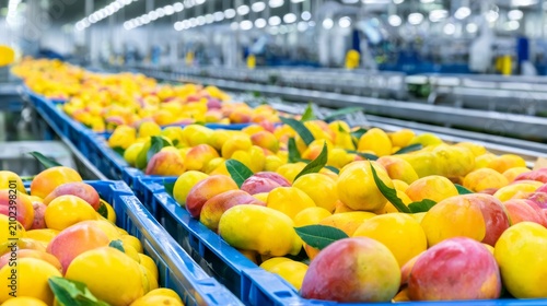 Colorful Tropical Fruits in Brightly Lit Sorting Facility with Careful Arrangement and Vibrant Display