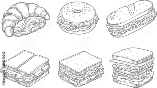 Cuadro en lienzo Colección dibujada a mano de varios sándwiches, bagels y croissants para menú de