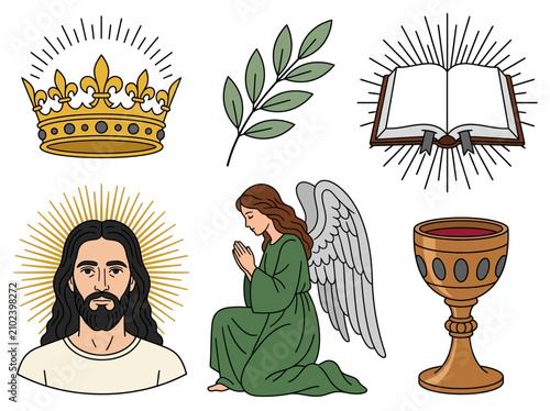 Photography Christian Religious Icon Set with Jesus, Angel, Bible, and Holy Symbols