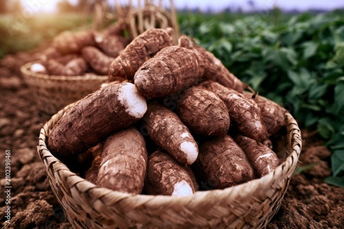 Stacked Freshly Harvested Cassava Roots in a Basket Surrounded by Green Fields at Sunrise