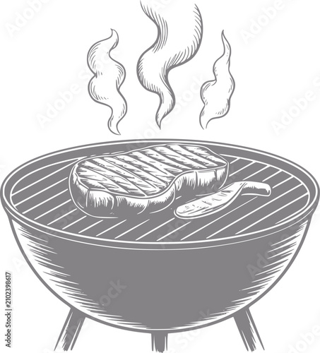 Foto Dibujo a mano de una parrilla de barbacoa caliente con un bistec jugoso y una sa