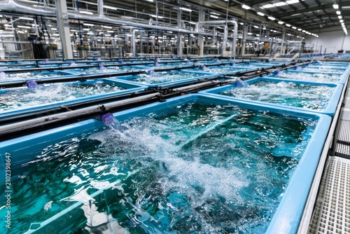 Rows of Shrimp Hatchery Tanks with Water Circulating in a Modern Aquaculture Facility
