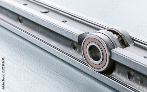 Detailed Close-Up of Linear Guide Rail with Smooth Rolling Carriage and High Precision Bearings