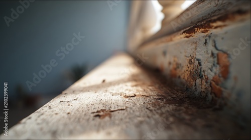 Close up of an old weathered wooden window sill with peeling paint.