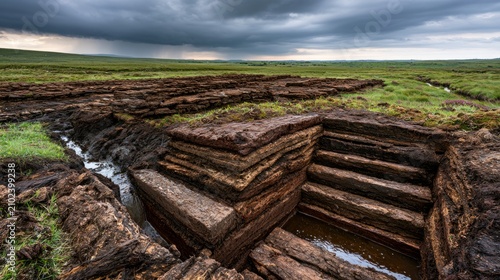 Traditional Peat Cutter Process with Rectangular Extraction in Lush Green Landscape Under Dramatic Sky