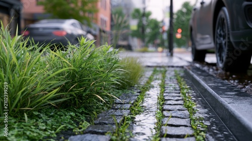 Urban Biofiltration Garden Design with Engineered Rain Management Features on City Streets